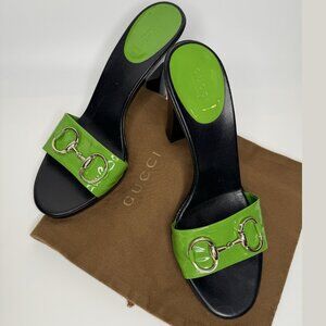 Gucci Horsebit Size 9,5/40 Green Patent Leather Heel Sandal